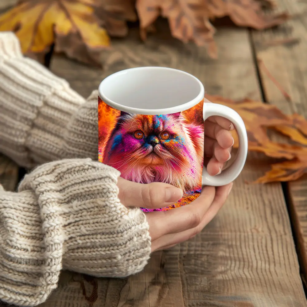 Himalayan Cat Covered in Colorful Holi Powder – Mugs