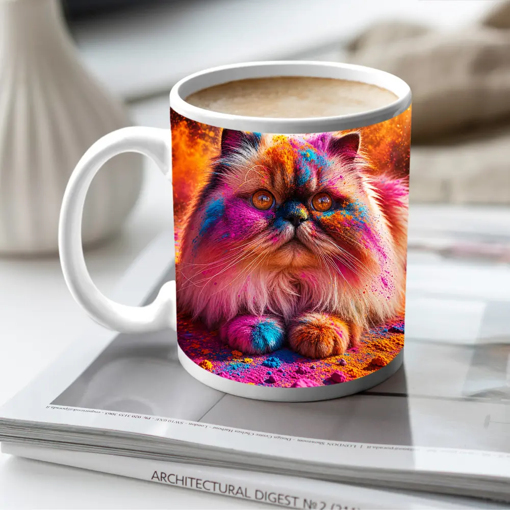 Himalayan Cat Covered in Colorful Holi Powder – Mugs