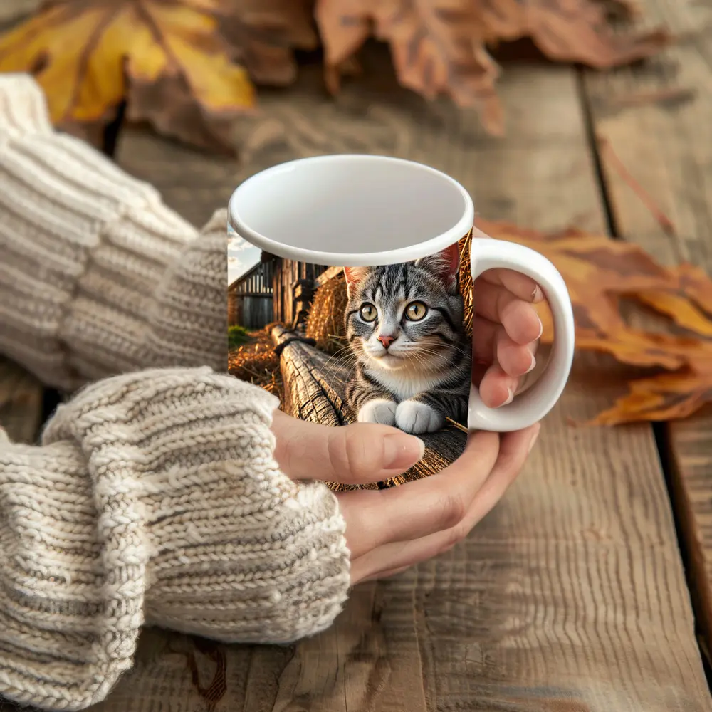 Tabby Cat Resting on Barn Wood – Mugs