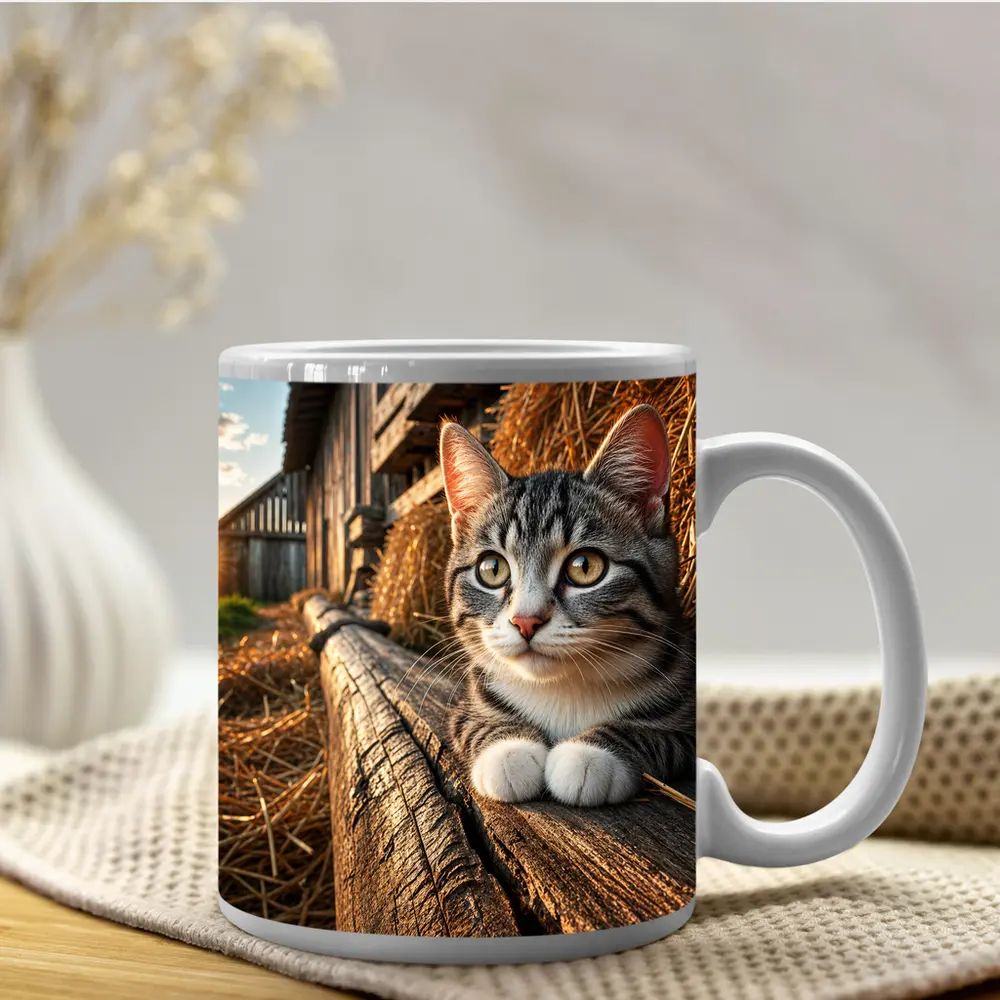 Tabby Cat Resting on Barn Wood – Mugs