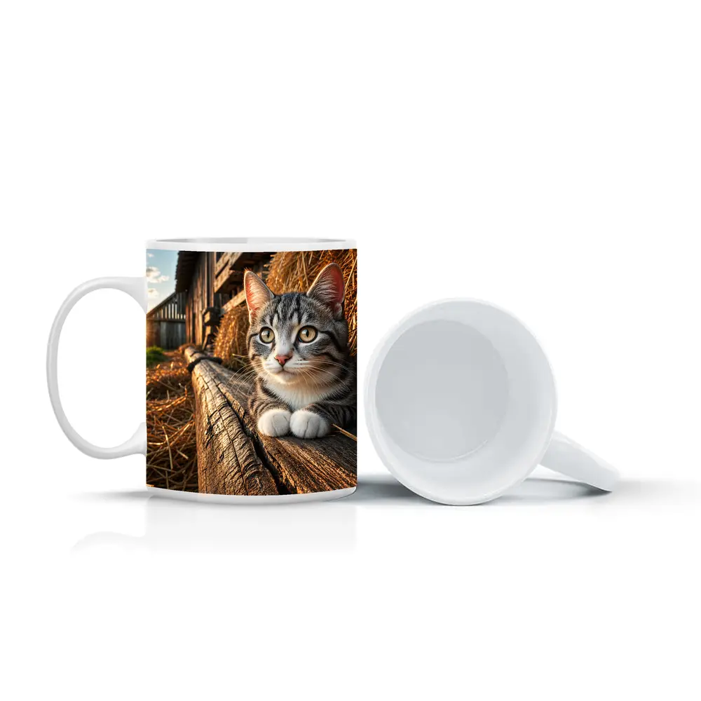 Tabby Cat Resting on Barn Wood – Mugs