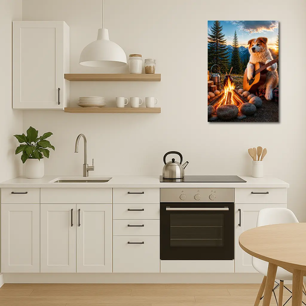 Dog Playing Guitar By Mountain Campfire – Wall Art