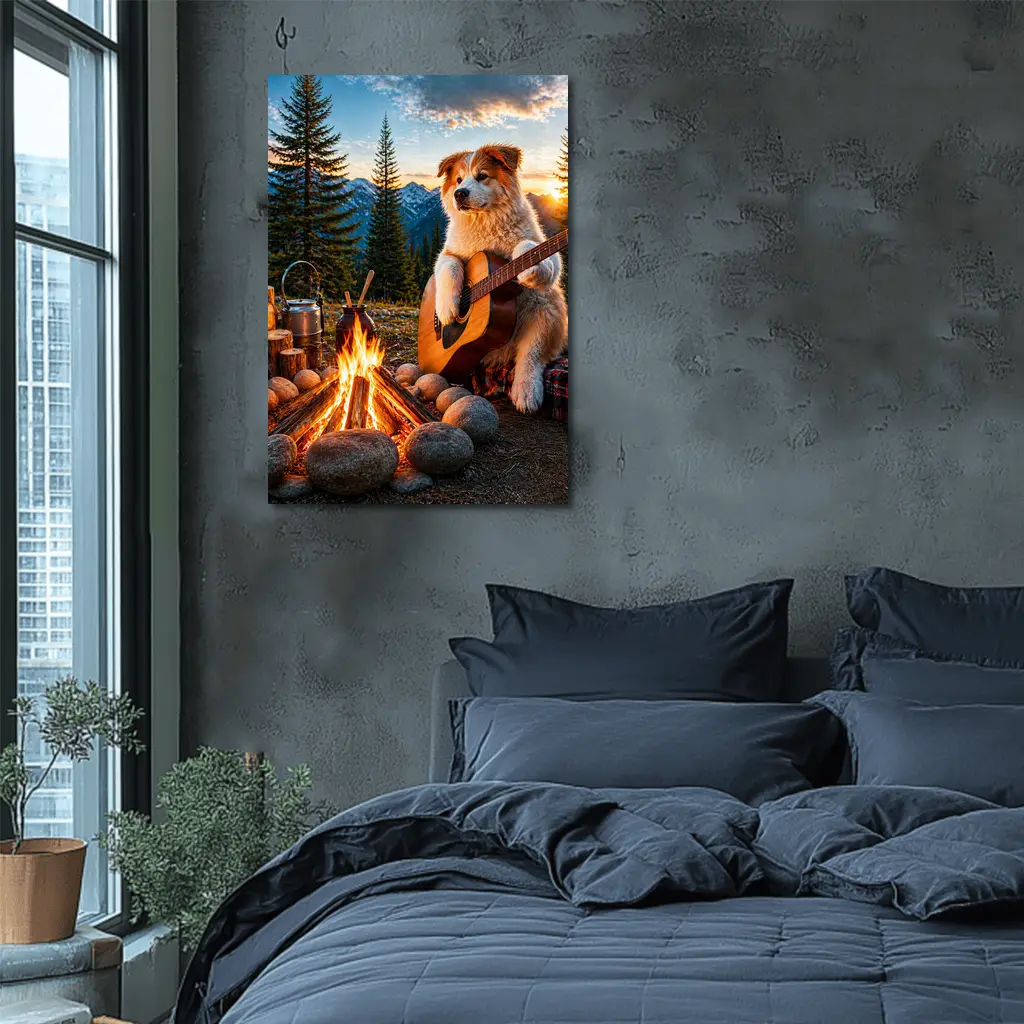 Dog Playing Guitar By Mountain Campfire – Wall Art
