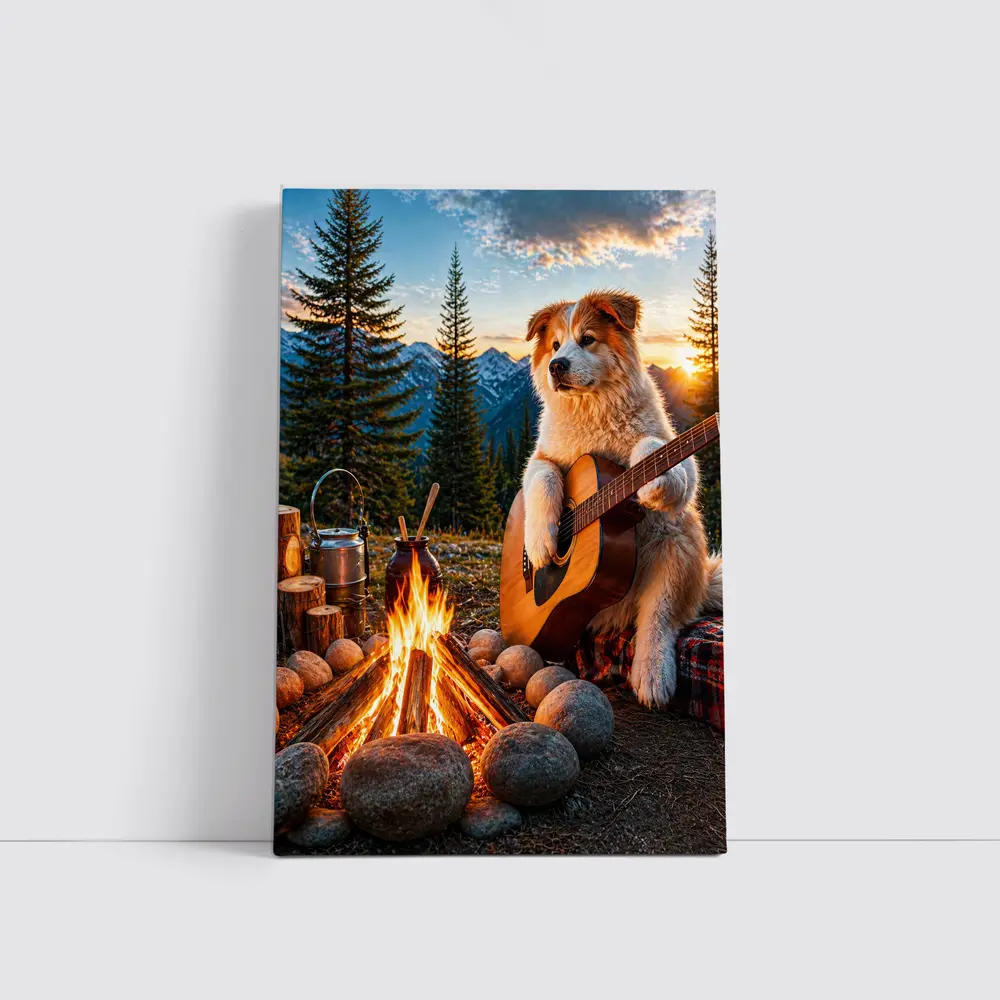 Dog Playing Guitar By Mountain Campfire – Wall Art
