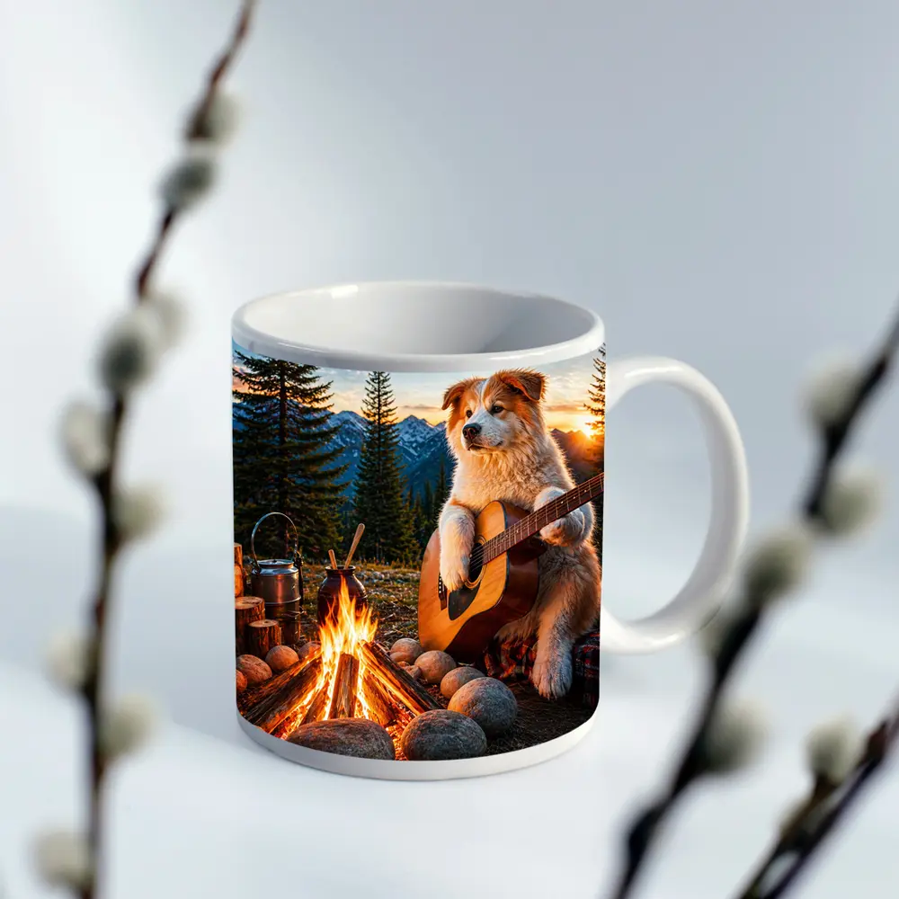 Dog Playing Guitar By Mountain Campfire – Mugs