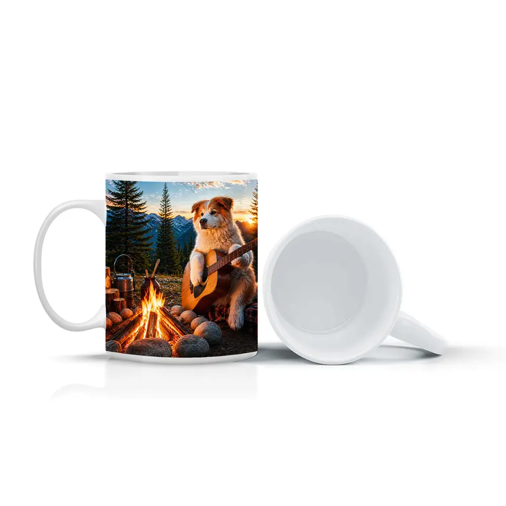 Dog Playing Guitar By Mountain Campfire – Mugs