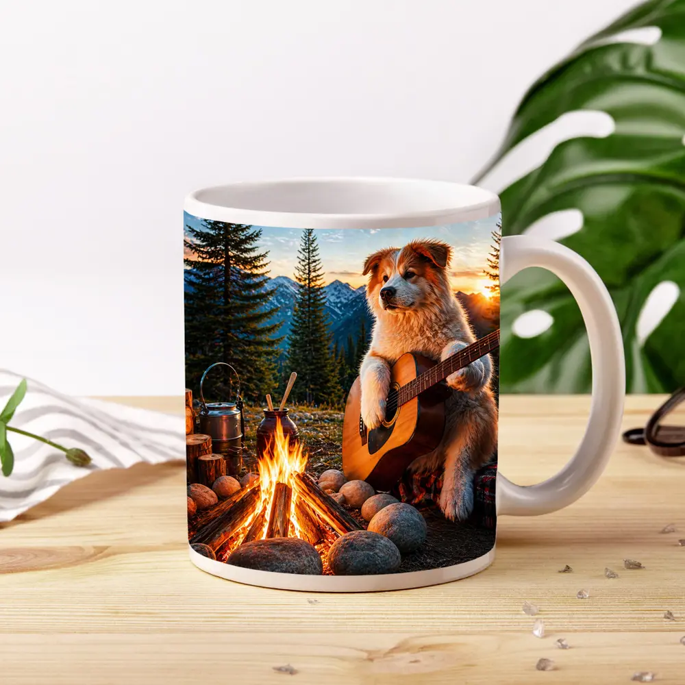 Dog Playing Guitar By Mountain Campfire – Mugs