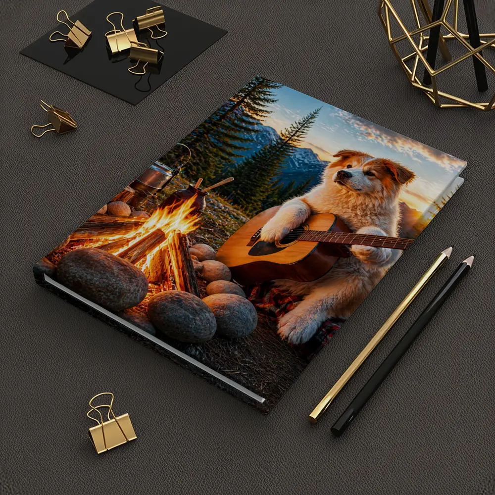 Dog Playing Guitar By Mountain Campfire – Notebooks