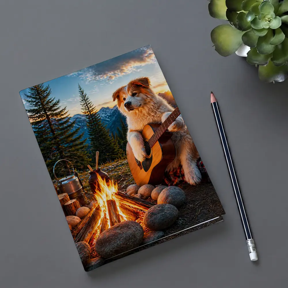 Dog Playing Guitar By Mountain Campfire – Notebooks