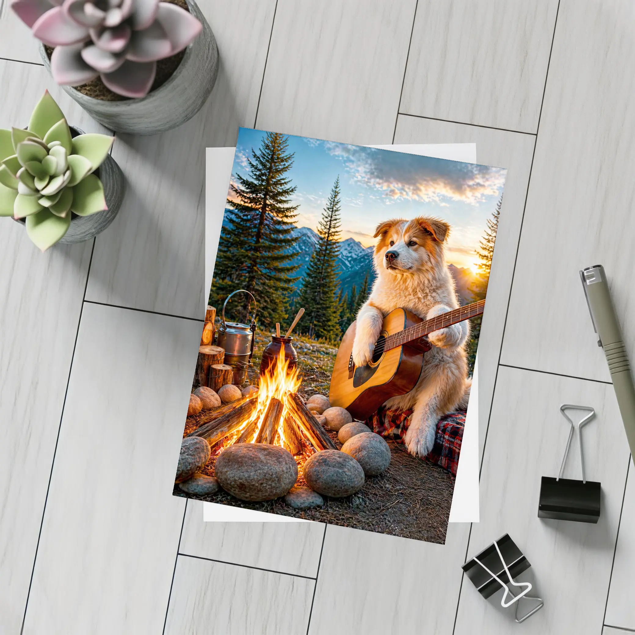 Dog Playing Guitar By Mountain Campfire – Postcards