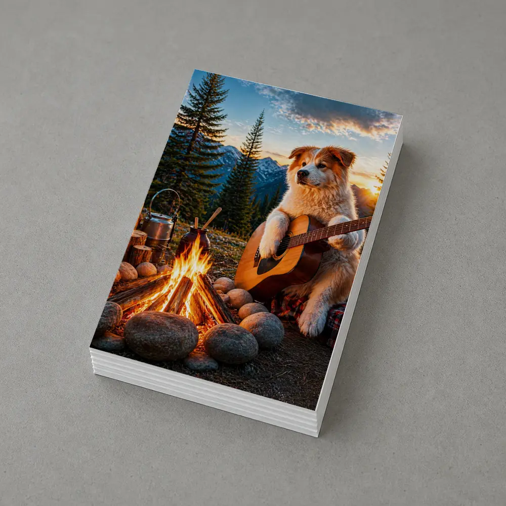 Dog Playing Guitar By Mountain Campfire – Postcards
