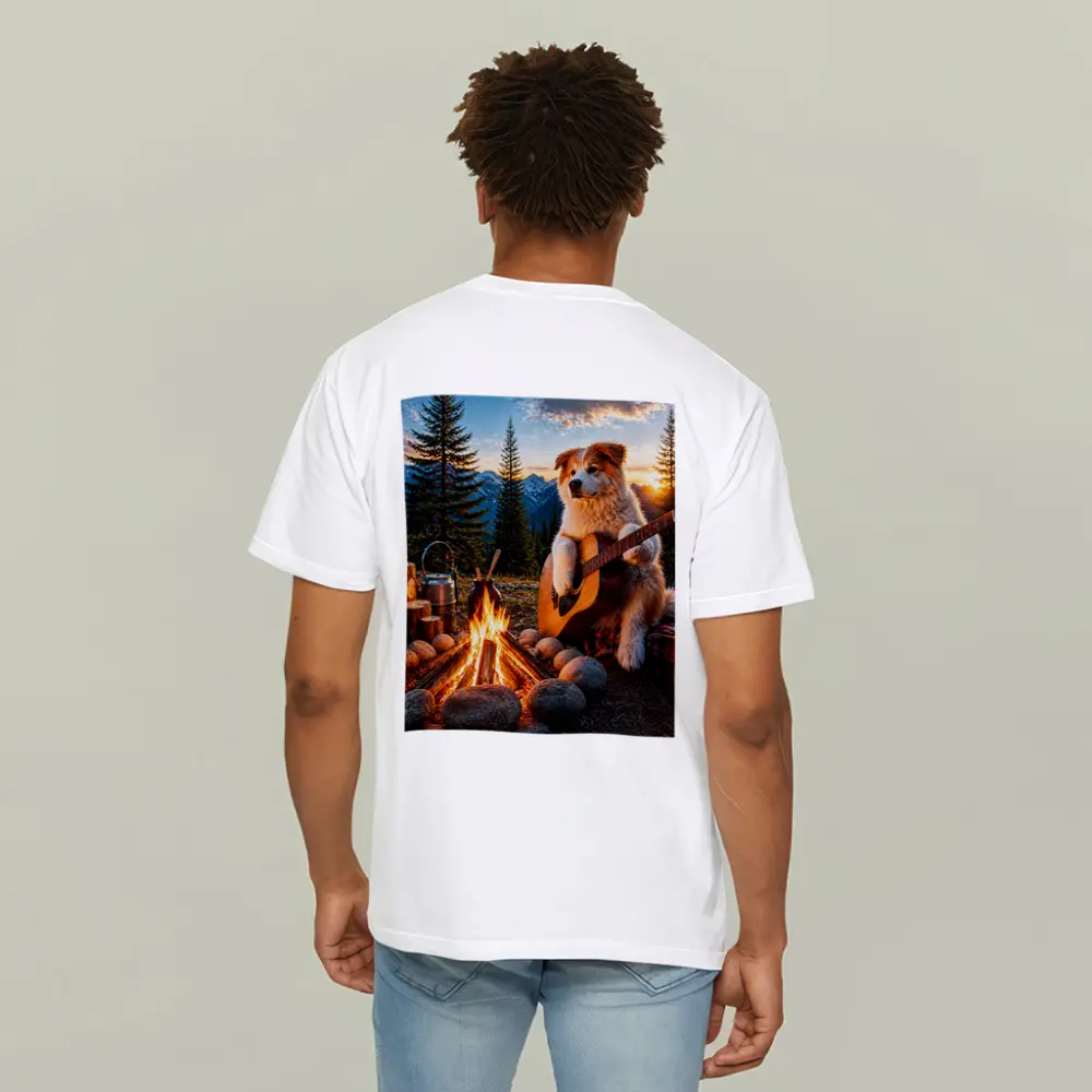 Dog Playing Guitar By Mountain Campfire – T-Shirts