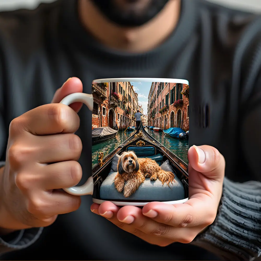 Fluffy Dog Riding Gondola Venice Canal – Mugs
