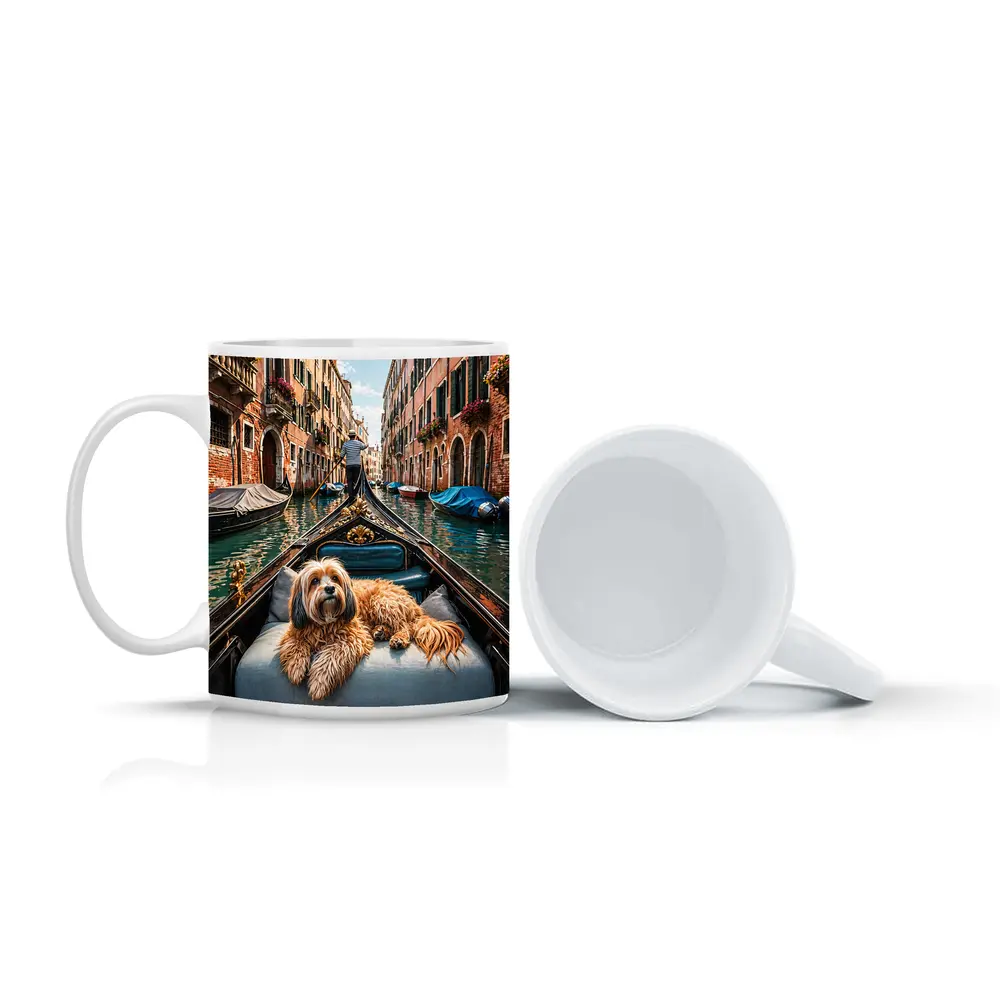 Fluffy Dog Riding Gondola Venice Canal – Mugs