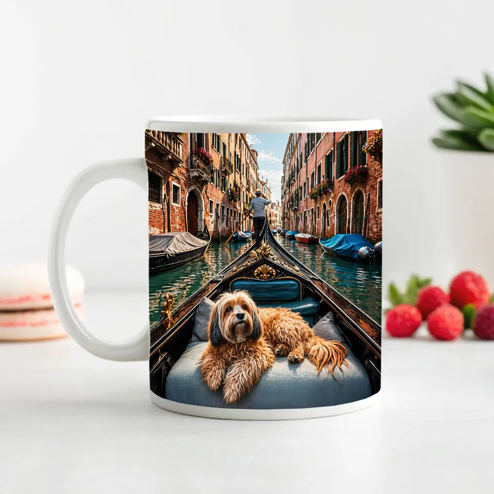 Fluffy Dog Riding Gondola Venice Canal – Mugs