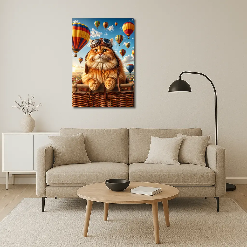 Fluffy Pilot Cat Hot Air Balloons Sky – Wall Art