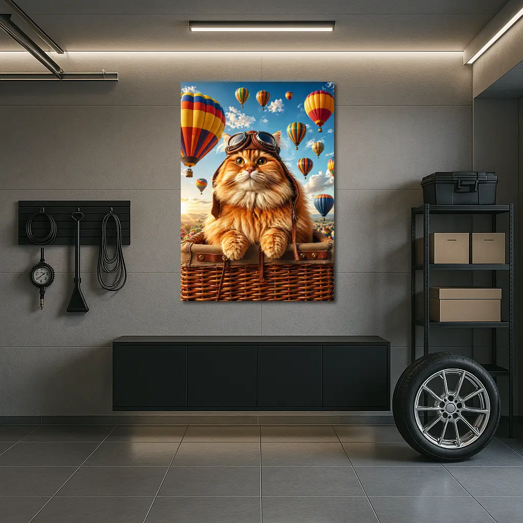 Fluffy Pilot Cat Hot Air Balloons Sky – Wall Art
