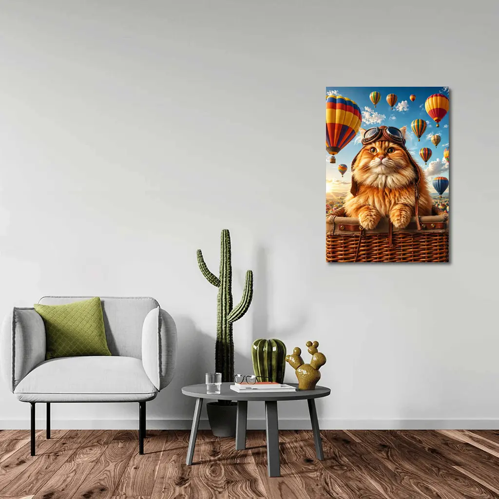 Fluffy Pilot Cat Hot Air Balloons Sky – Wall Art