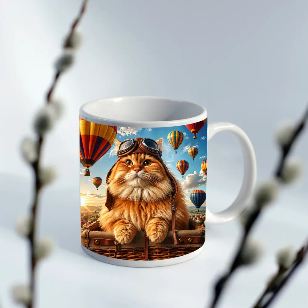 Fluffy Pilot Cat Hot Air Balloons Sky – Mugs
