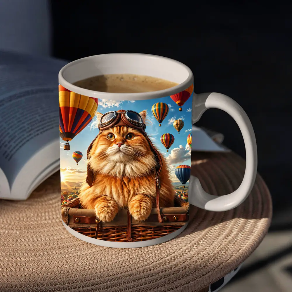 Fluffy Pilot Cat Hot Air Balloons Sky – Mugs