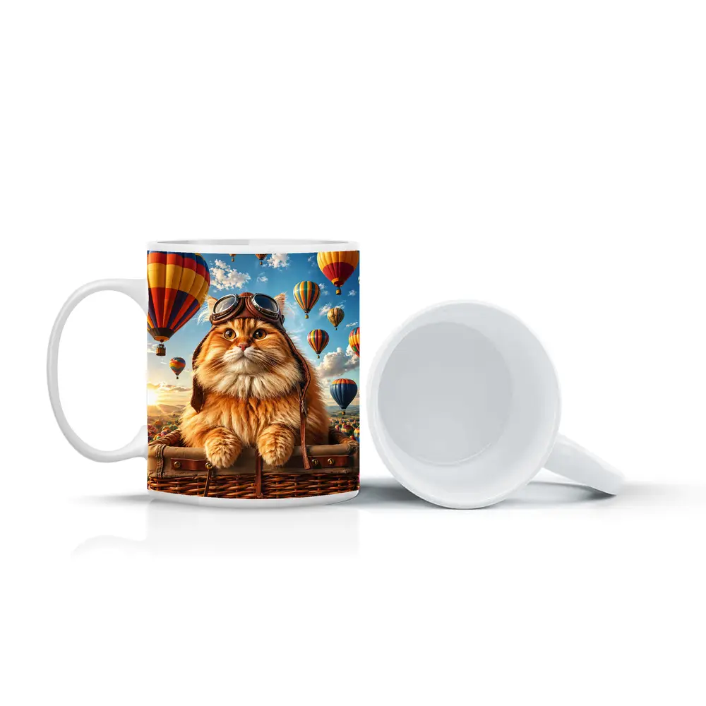 Fluffy Pilot Cat Hot Air Balloons Sky – Mugs