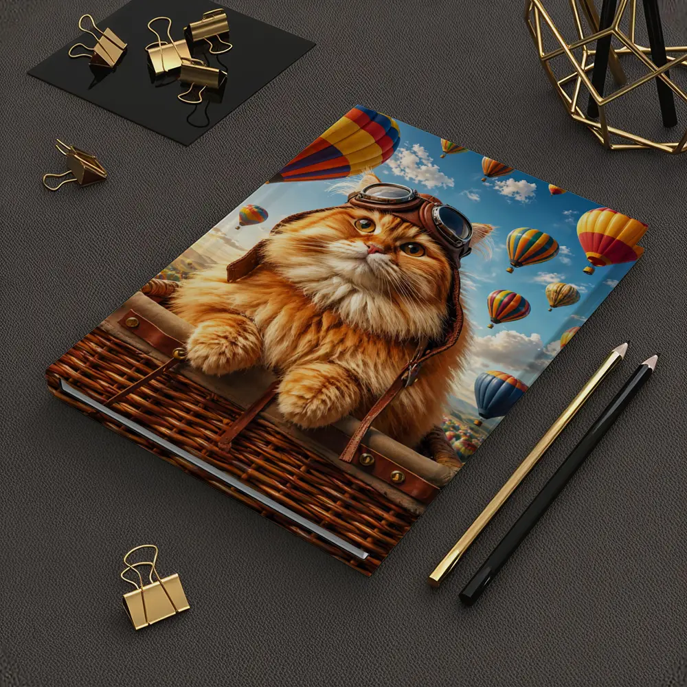 Fluffy Pilot Cat Hot Air Balloons Sky – Notebooks