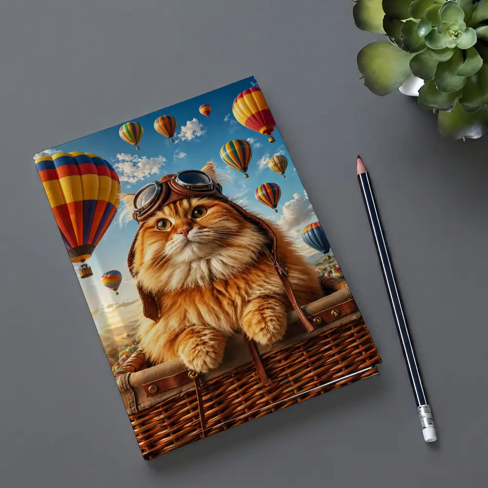 Fluffy Pilot Cat Hot Air Balloons Sky – Notebooks