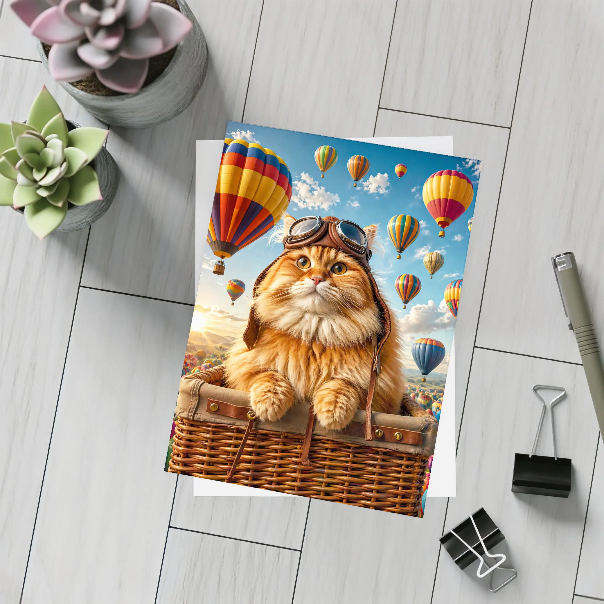 Fluffy Pilot Cat Hot Air Balloons Sky – Postcards