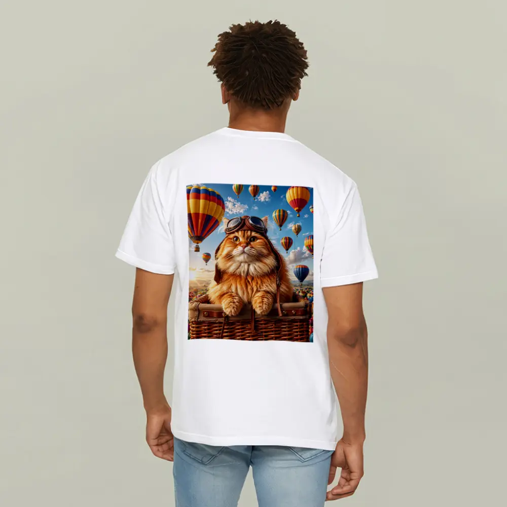 Fluffy Pilot Cat Hot Air Balloons Sky – T-Shirts
