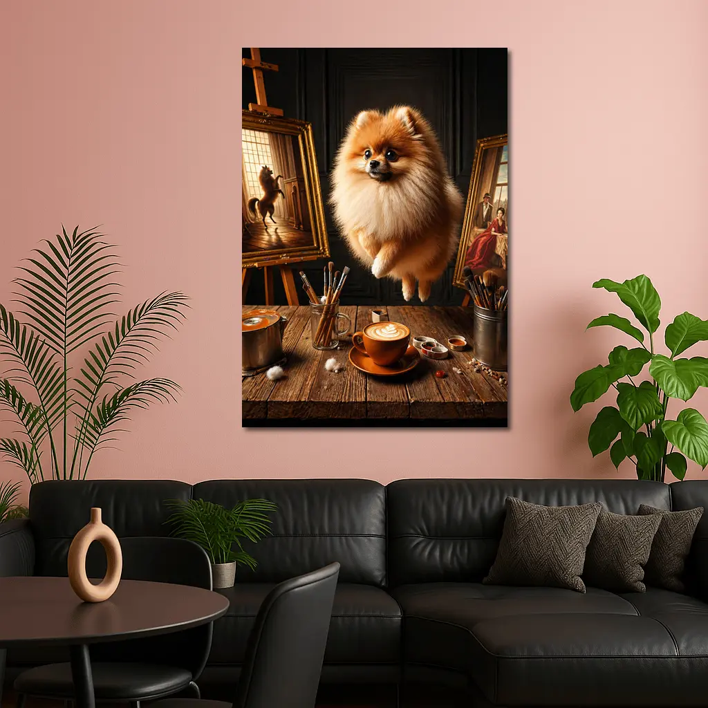 Pomeranian Dog Floating Over Artist Studio – Wall Art