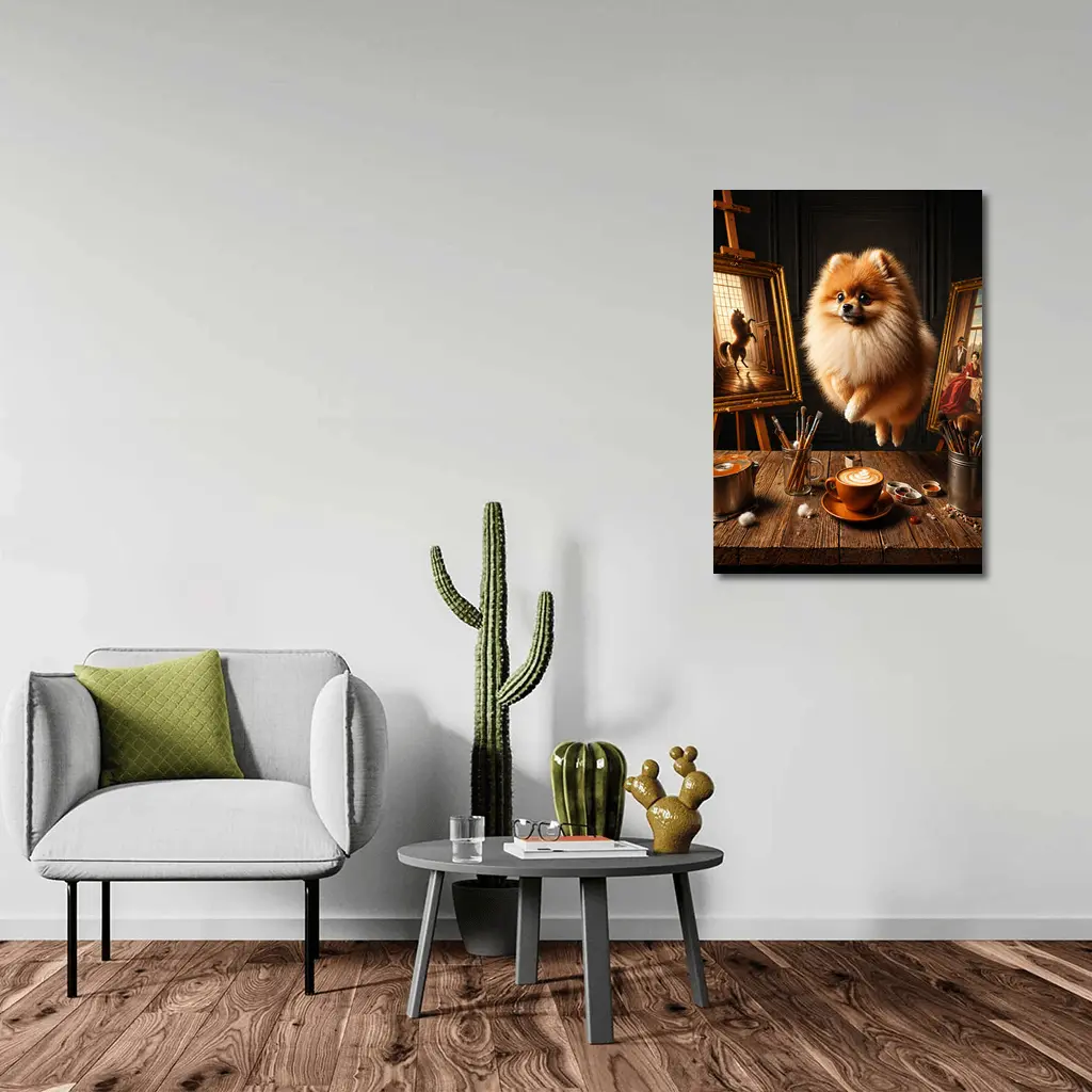 Pomeranian Dog Floating Over Artist Studio – Wall Art