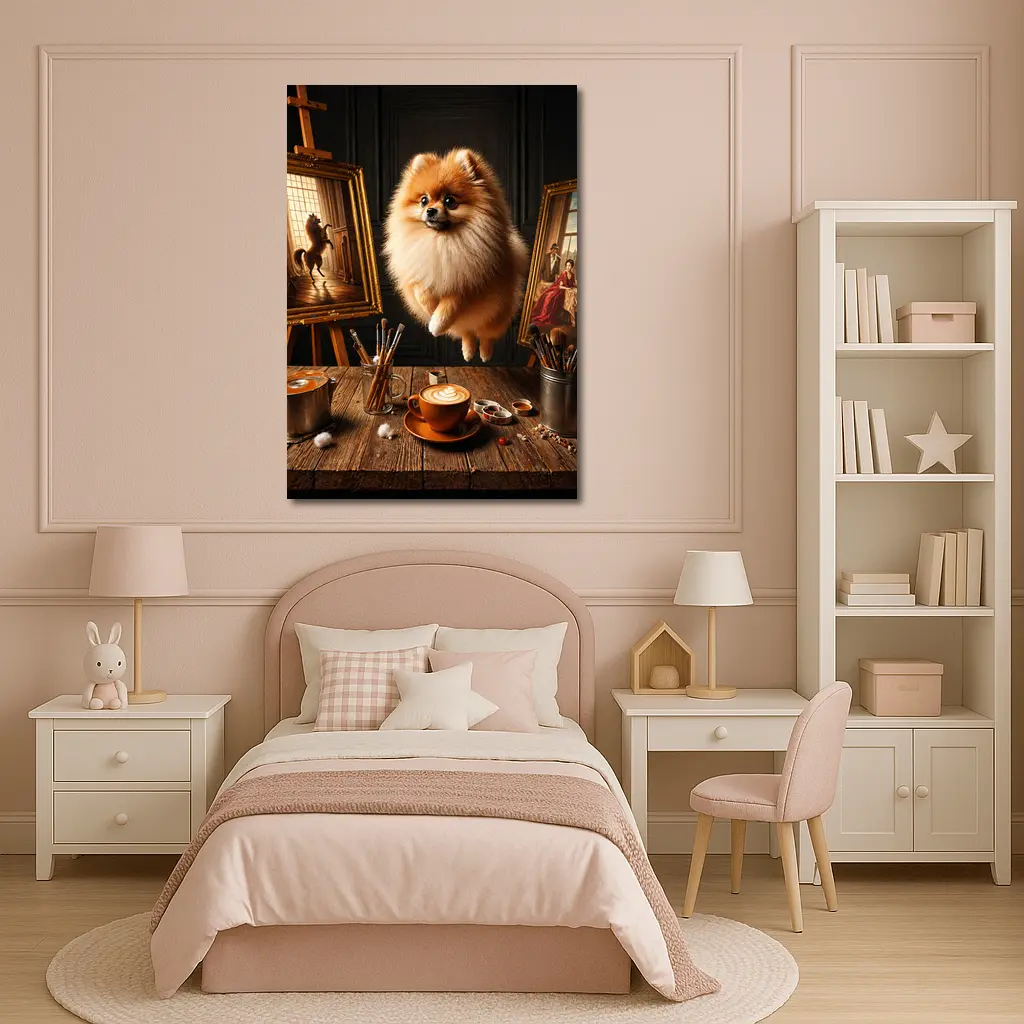 Pomeranian Dog Floating Over Artist Studio – Wall Art