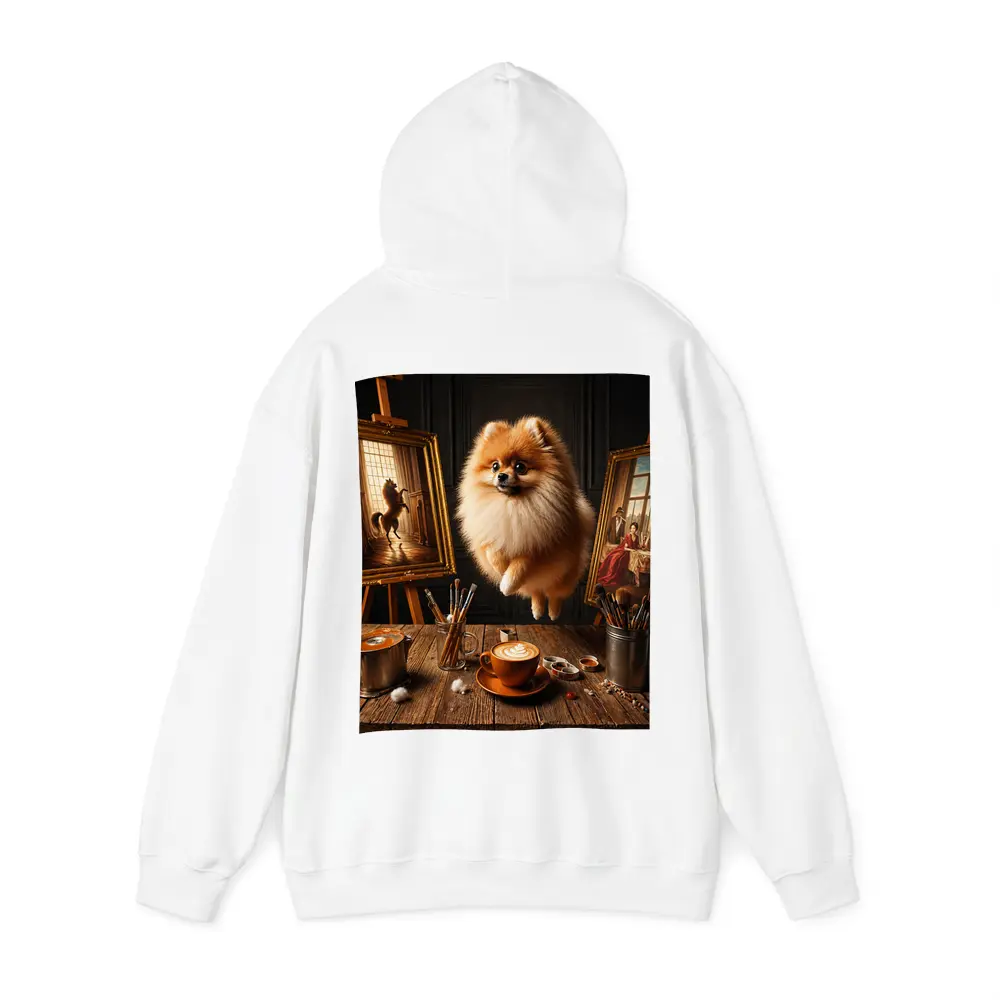Pomeranian Dog Floating Over Artist Studio – Hoodies