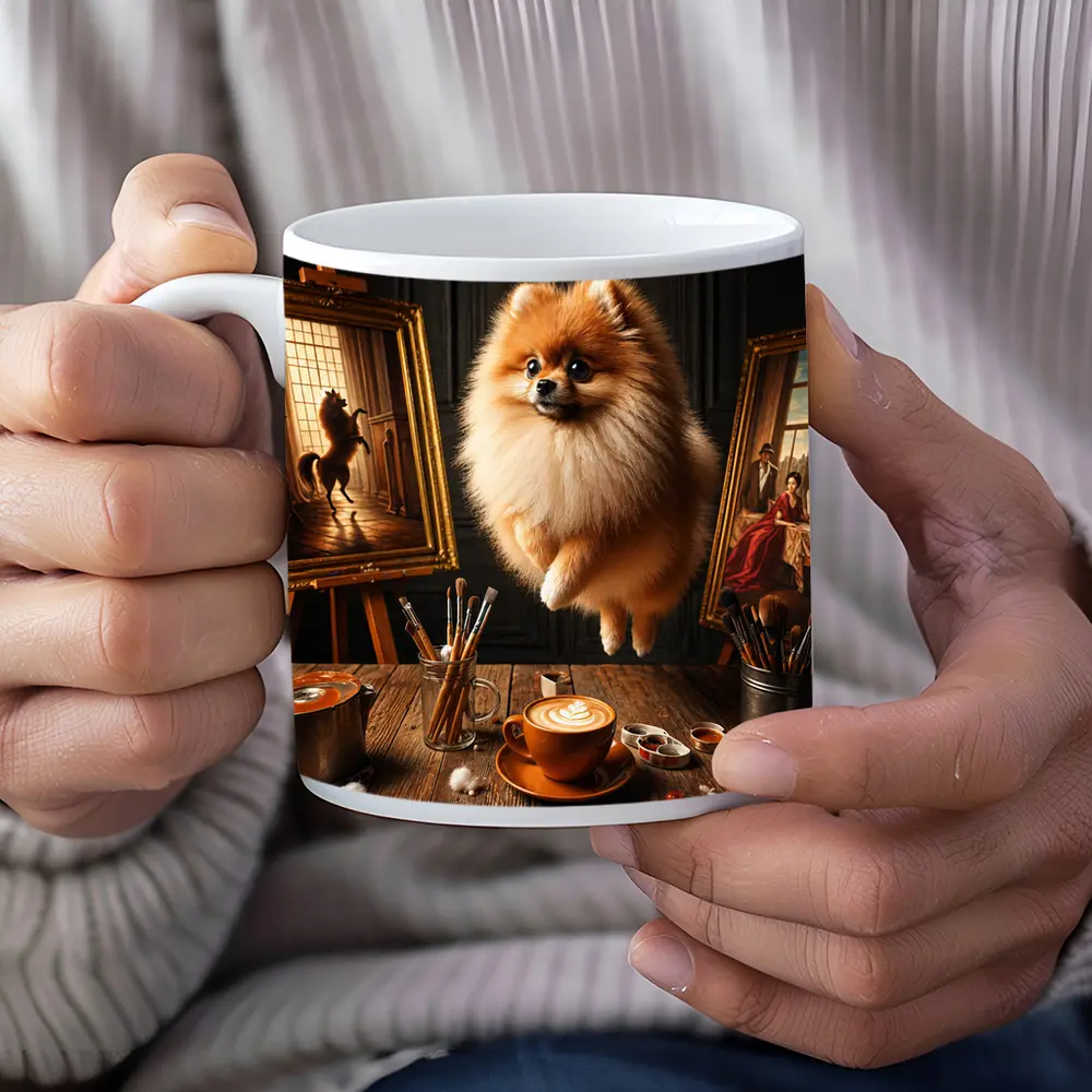 Pomeranian Dog Floating Over Artist Studio – Mugs