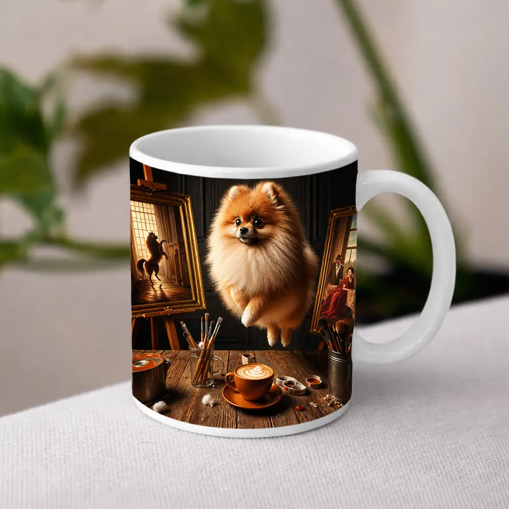 Pomeranian Dog Floating Over Artist Studio – Mugs