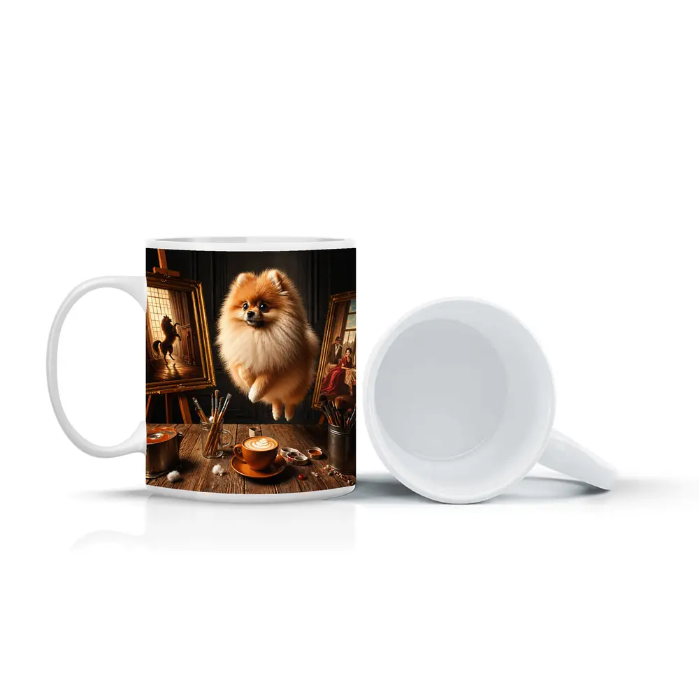 Pomeranian Dog Floating Over Artist Studio – Mugs