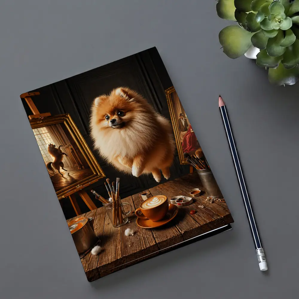 Pomeranian Dog Floating Over Artist Studio – Notebooks