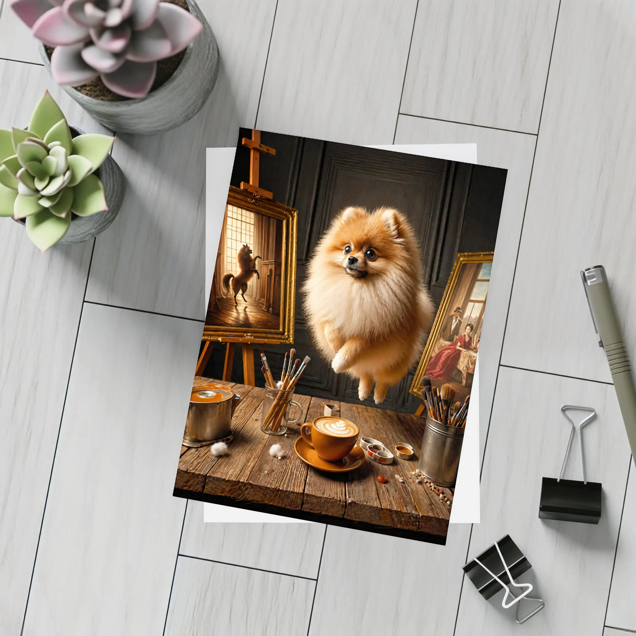 Pomeranian Dog Floating Over Artist Studio – Postcards