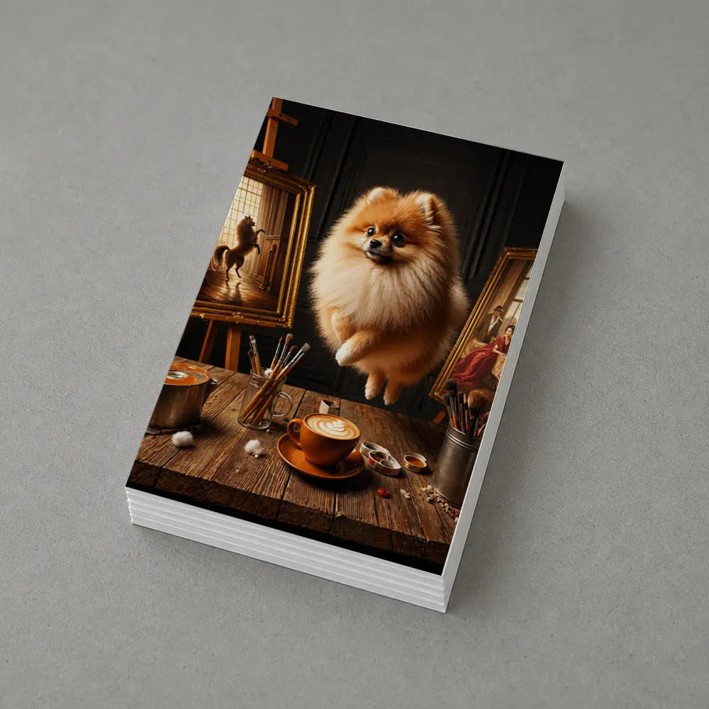 Pomeranian Dog Floating Over Artist Studio – Postcards