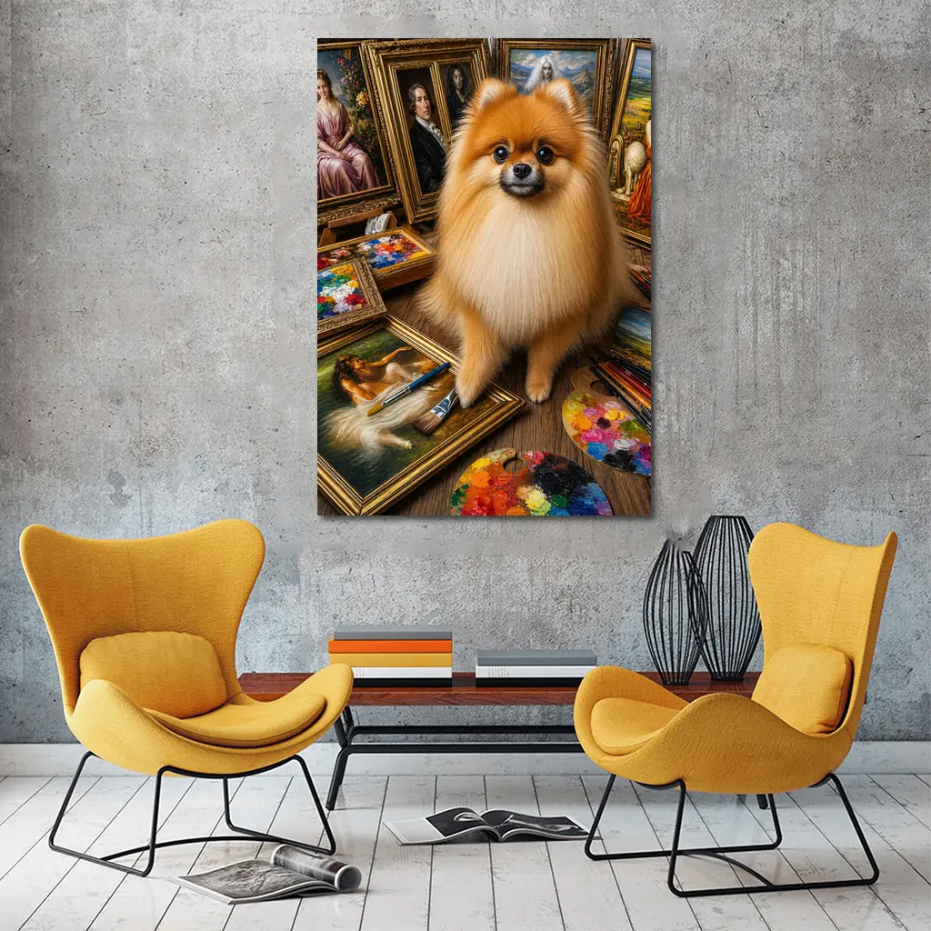 Pomeranian Dog Surrounded by Classic Paintings – Wall Art