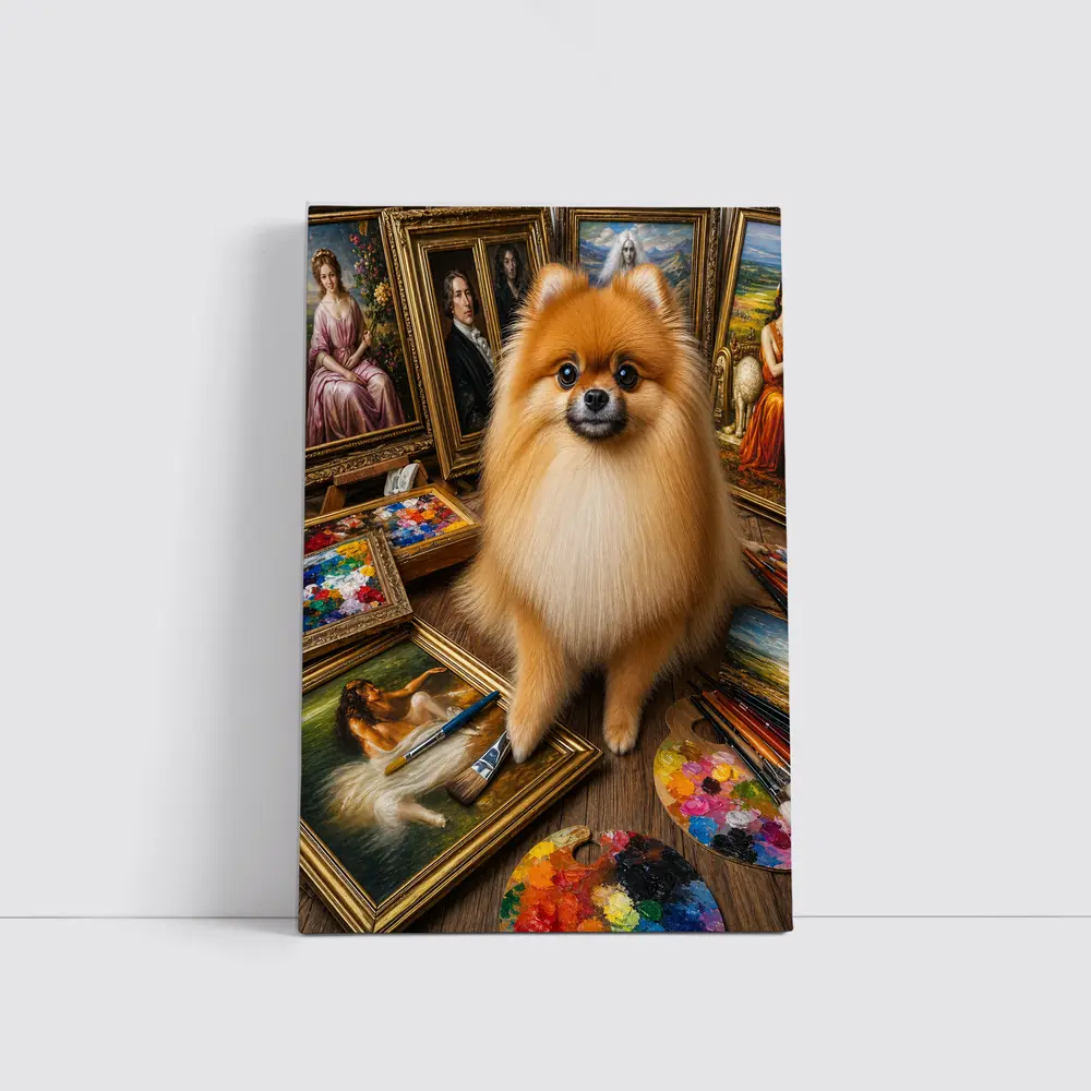 Pomeranian Dog Surrounded by Classic Paintings – Wall Art