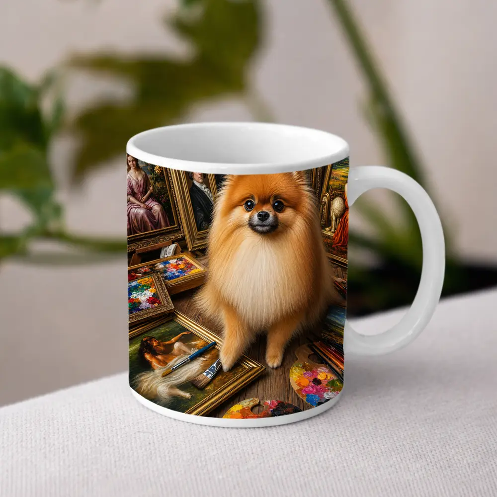 Pomeranian Dog Surrounded by Classic Paintings – Mugs