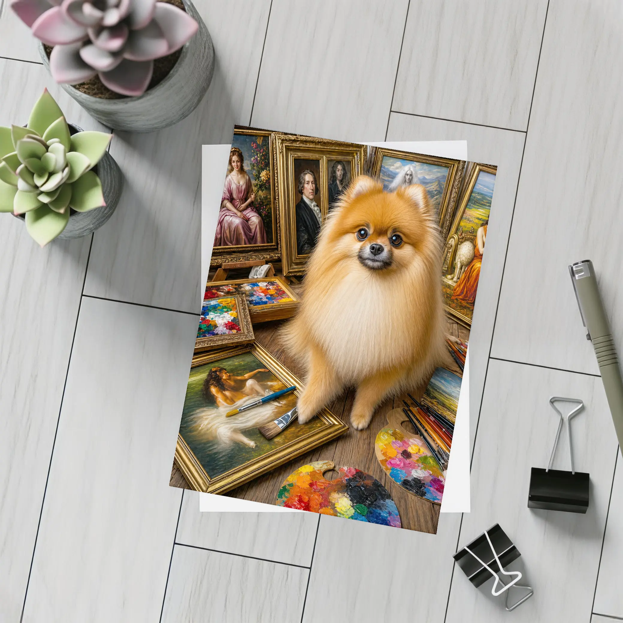 Pomeranian Dog Surrounded by Classic Paintings – Postcards