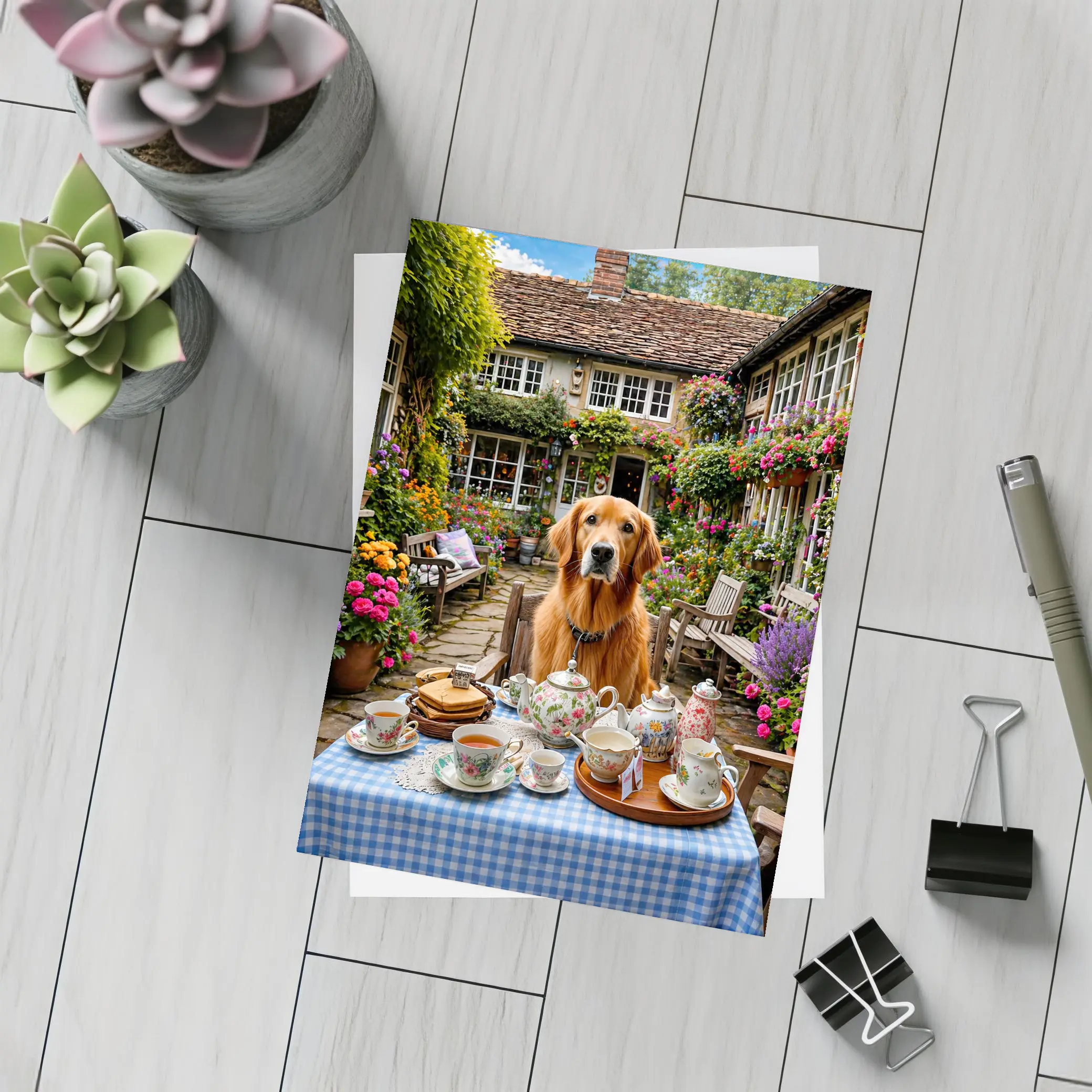 Golden Retriever Afternoon Tea Cottage Garden – Postcards