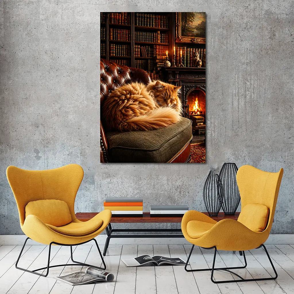 Fluffy Orange Cat Sleeping By Fireplace Library – Wall Art