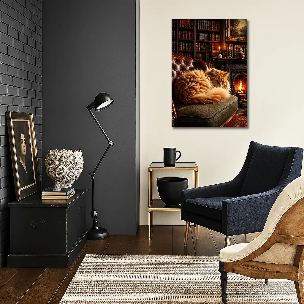 Fluffy Orange Cat Sleeping By Fireplace Library – Wall Art