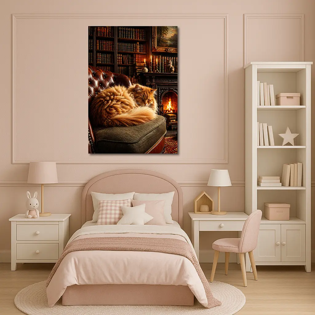 Fluffy Orange Cat Sleeping By Fireplace Library – Wall Art