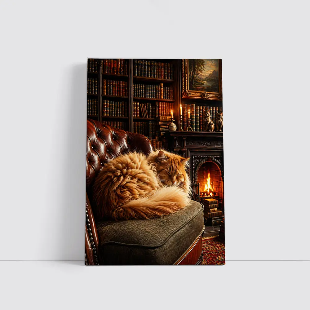 Fluffy Orange Cat Sleeping By Fireplace Library – Wall Art