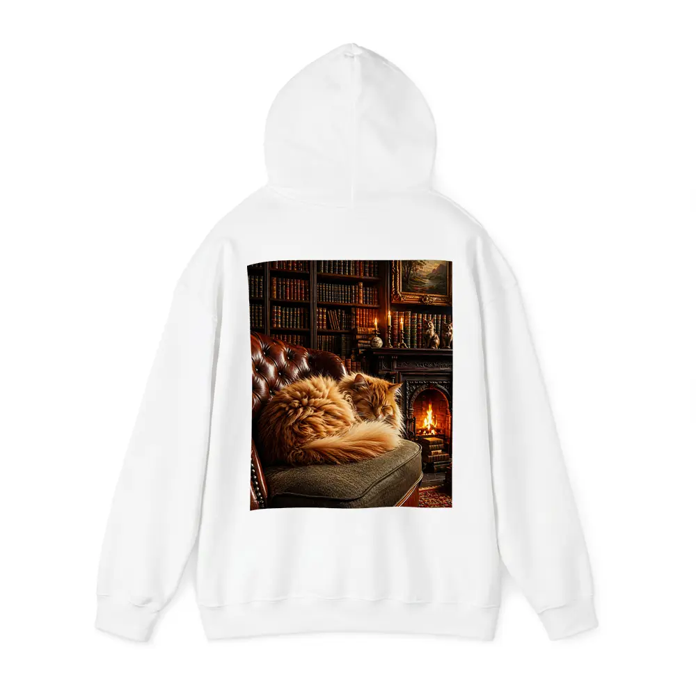 Fluffy Orange Cat Sleeping By Fireplace Library – Hoodies