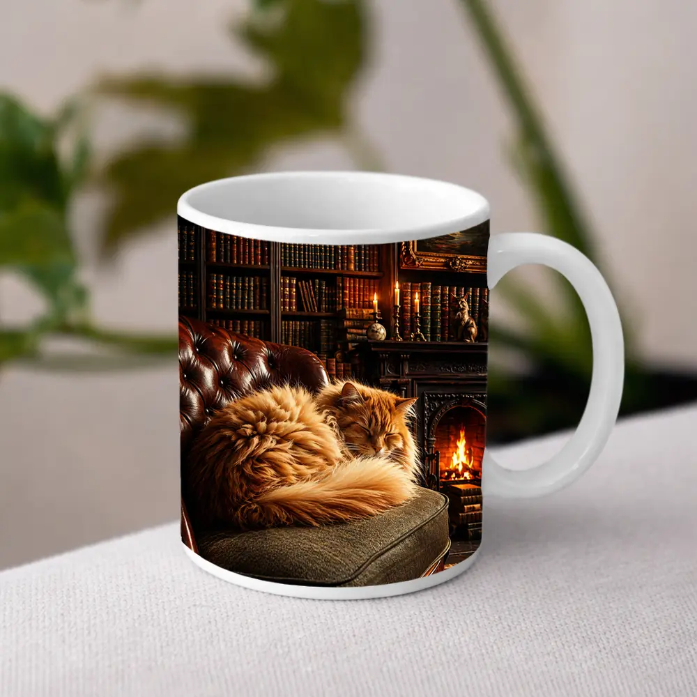 Fluffy Orange Cat Sleeping By Fireplace Library – Mugs